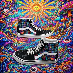 VANS Sk8 Hi Trippy Drip Shrooms Black White Suede Canvas Shoes Men's  9.5 / 11 W